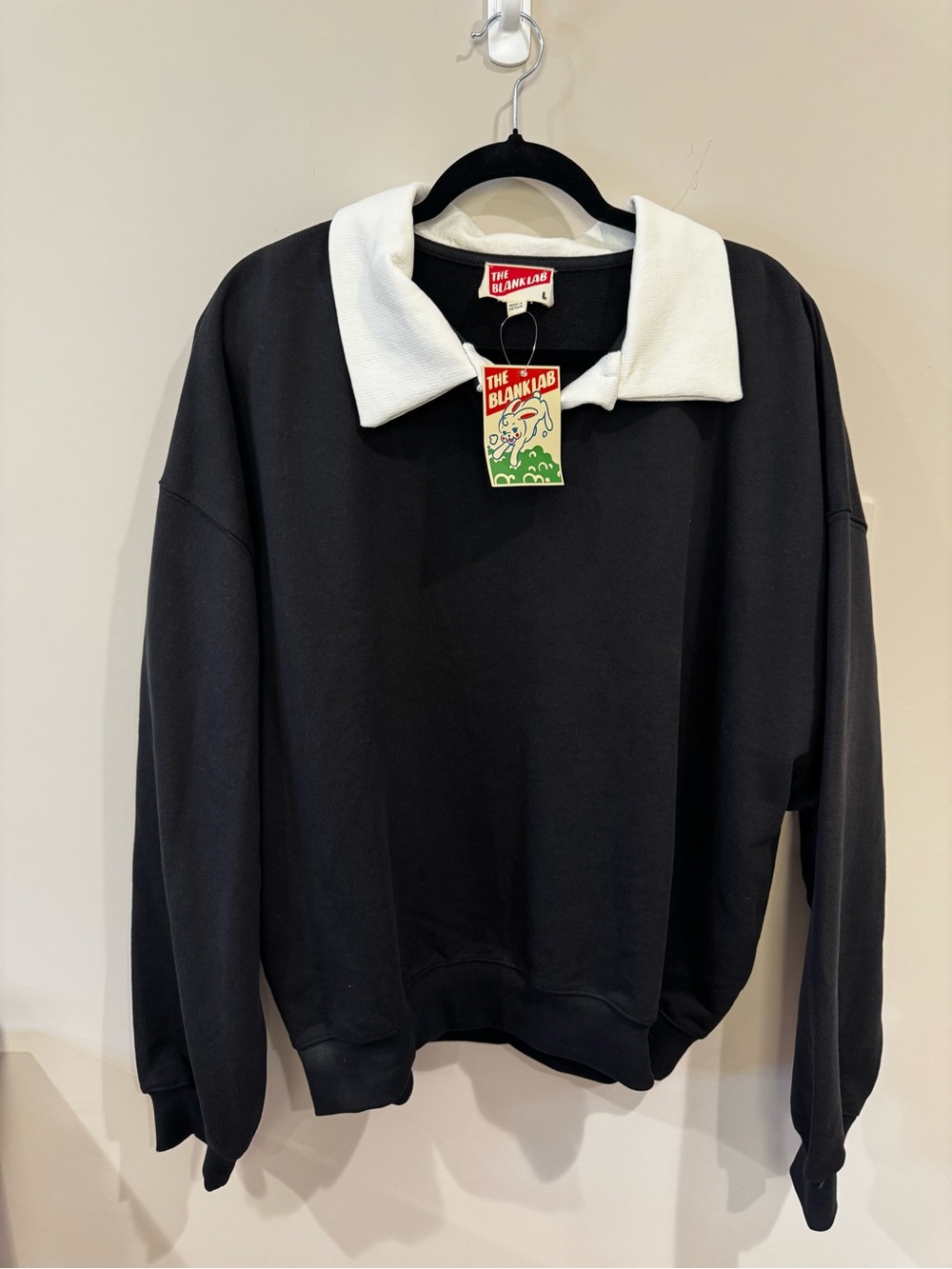 THE BLANK LAB Black Collared Fleece Sweatshirt White Collar Oversized NWT M & L